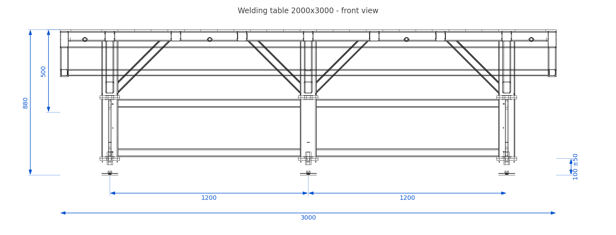 Dimensioned front view of the welding table: 3000 mm overall length, 880 mm height, legs 1200 + 1200 mm apart.