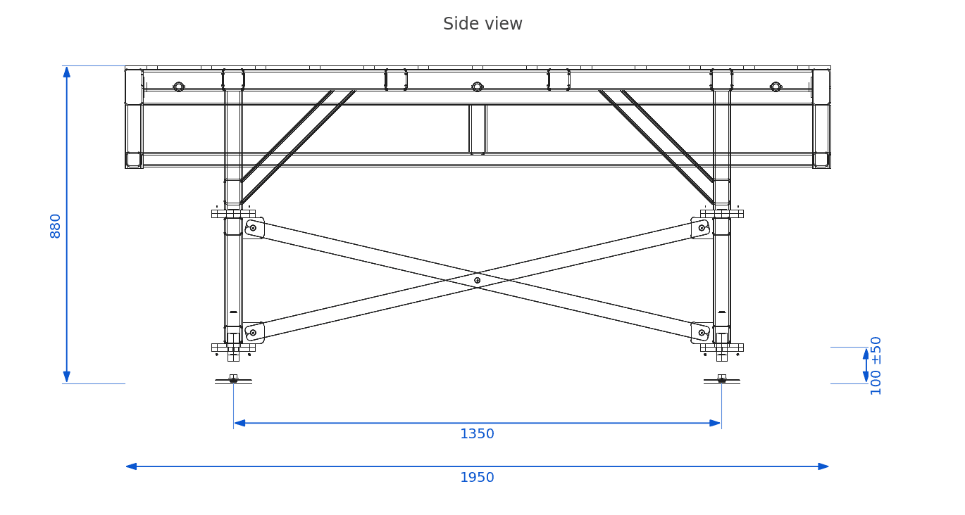 Dimensioned side view of the welding table with its cross bracing: 1950 mm wide, 880 mm high, feet 1350 mm apart.