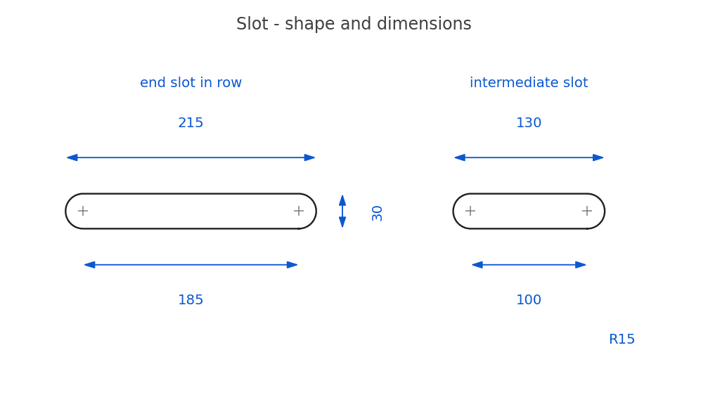 Shape of a fixture slot: the end slot in a row is 215 mm long (185 mm between centres), an intermediate one 130 mm (100 mm between centres), both 30 mm wide with an R15 radius.
