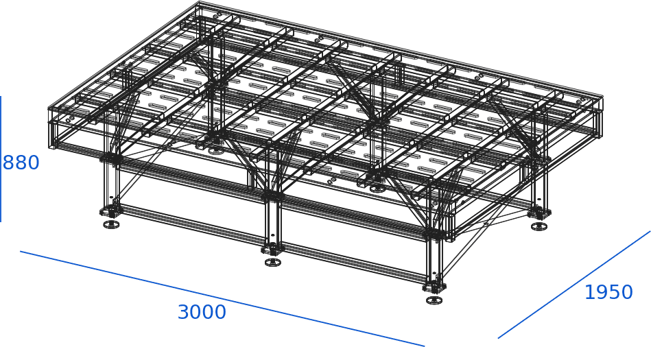 Isometric view of the whole welding table: slotted top plate, ribbed underframe, braces and six levelling feet.